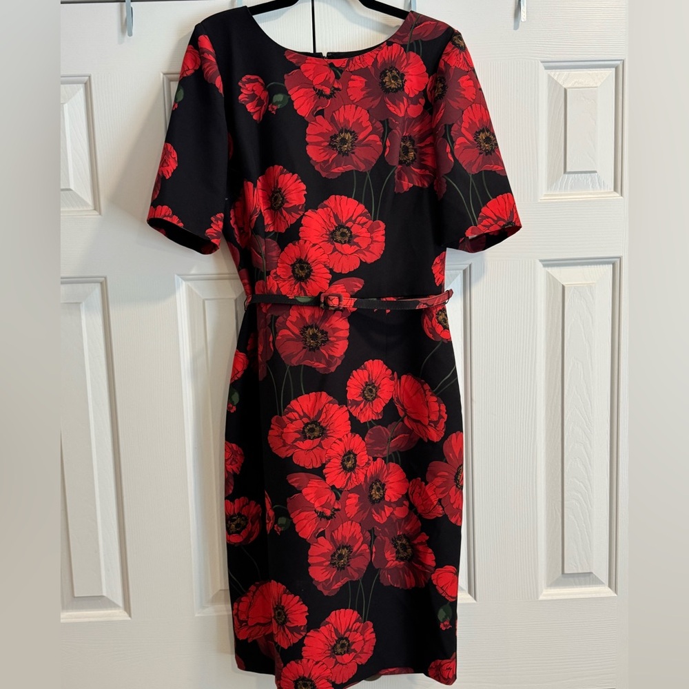 David Meister Red and Black Poppy Sheath Dress Size 14